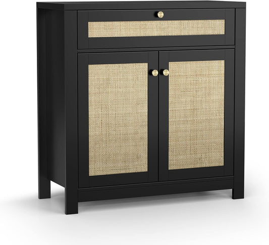 Opbergkast, staande kast met 2 rotandeuren, keuken accentkast met massief houten poten, buffetkast voor eetkamer, hal, entree, woonkamer, zwart