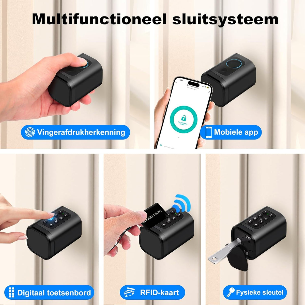 Deurslot – Vingerafdrukslot – Elektronisch Slot – Smart Lock – RFID Deurslot – Verstelbare Lengte 60-90 mm – Bluetooth & App Ontgrendeling