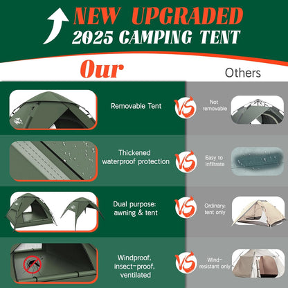 Purebox Campingtenten, Instant pop-up tent voor 2-3 personen, 2-in-1 dubbellaagse tenten, waterdichte en winddichte koepeltent met afneembaar buitentzeil, geschikt voor wandelen, buitenactiviteiten,