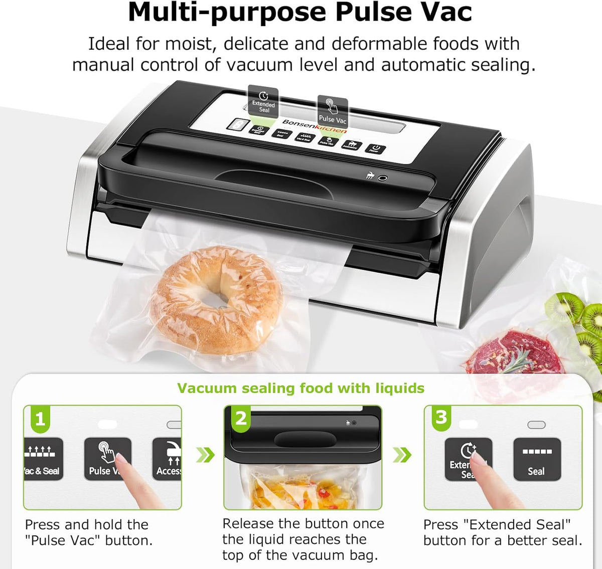 Bonsenkitchen Vacuümmachine, 15 l/min hoge prestaties, testwinnaar zeer goed, duurzaamheidscertificering, design met handgreep vergrendeling en geïntegreerde snijder, incl. 2 rollen vacuümrollen