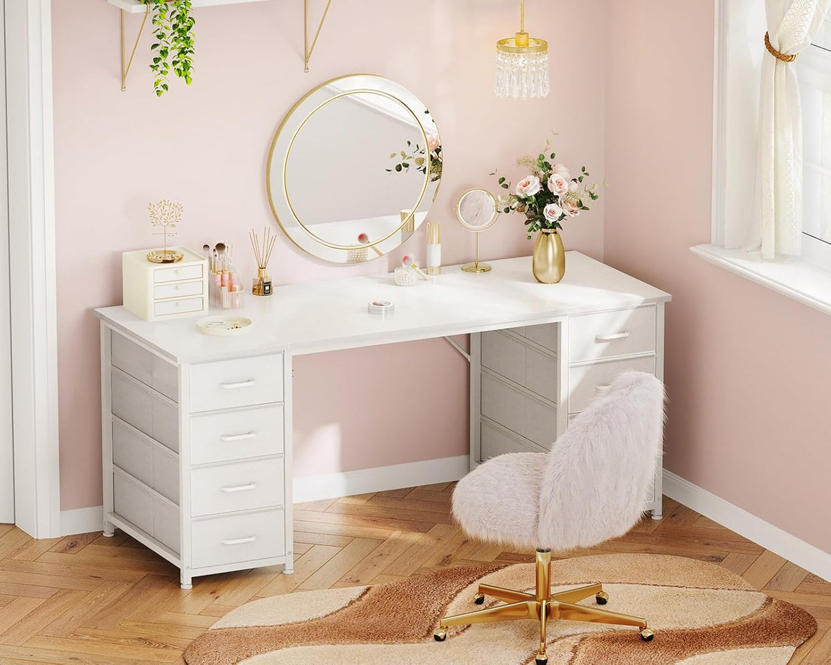 Coleshome Bureau met 8 Stoffen Laden, 140 x 48 cm, Wit Bureau met Opbergruimte, Computertafel, Bureautafel, PC-Tafel, Kantoortafel voor Kantoor, Woonkamer, Thuiskantoor