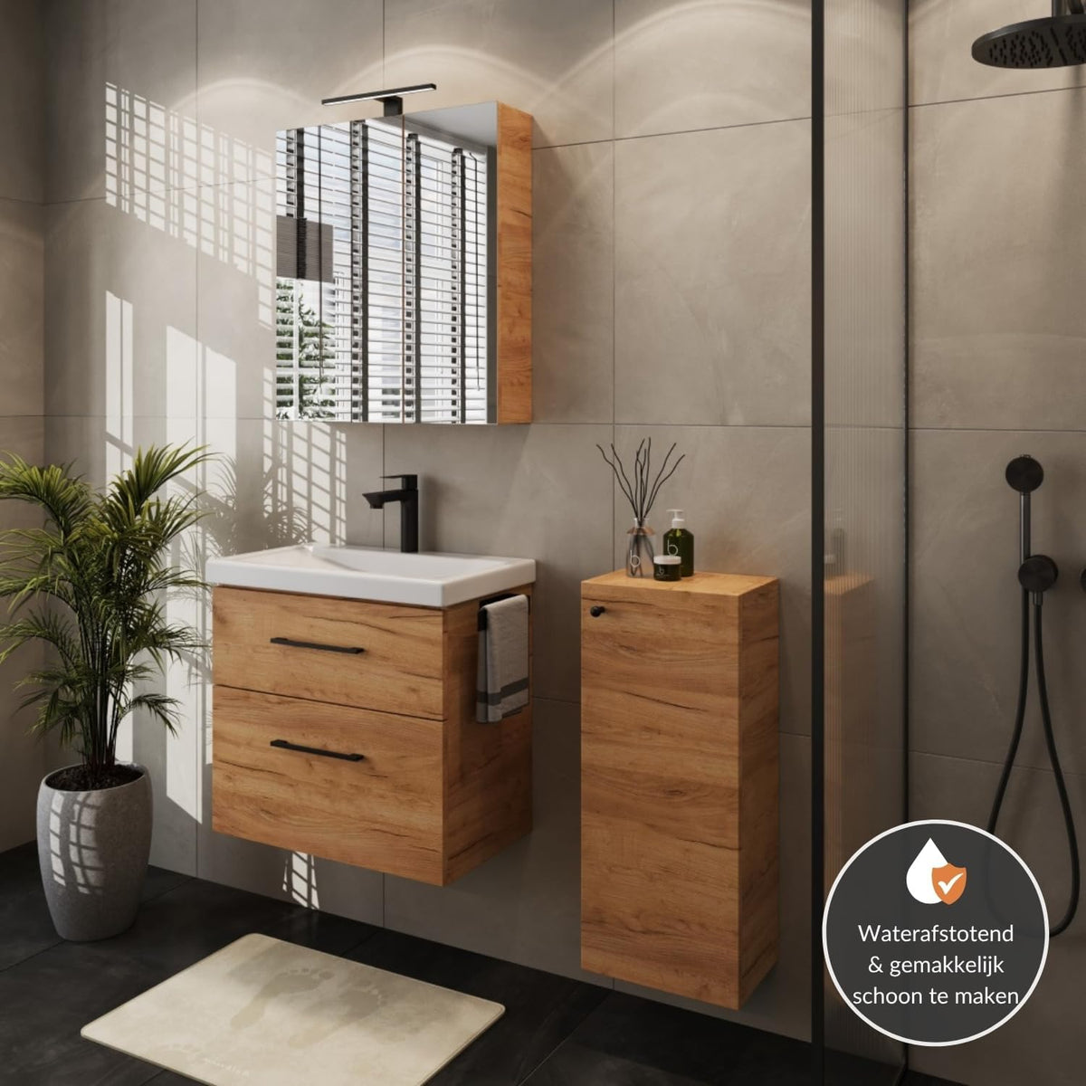 Planetmöbel bathroom furniture set washbasin with vanity unit 63 x 60 x 36.5 cm, mirror cabinet 60 cm with LED lighting (matt black) & socket, with midi cabinet, gold oak - QUORE