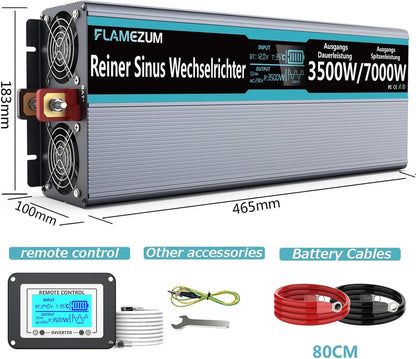 FLAMEZUM 3500 W zuivere sinus omvormer 12 V naar 230 V spanningsomvormer power omvormer converter met afstandsbediening led-display & 2 EU AC-stopcontacten & 2 USB-poorten voor auto, caravan, boot, camping
