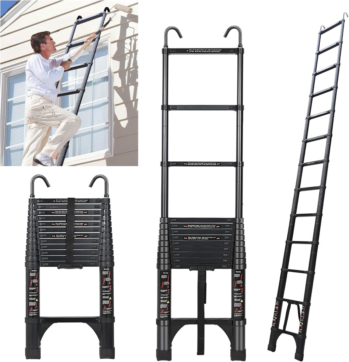 JADDUO Telescopische ladder 3,8 m, aluminium vouwladder met haken, inklapbare treeplank, multifunctionele ladder 150 kg draagkracht, trapafstand 30 cm, zwart