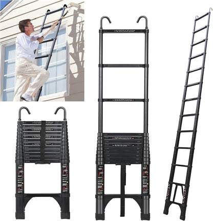 JADDUO Telescopische ladder 3,8 m, aluminium vouwladder met haken, inklapbare treeplank, multifunctionele ladder 150 kg draagkracht, trapafstand 30 cm, zwart