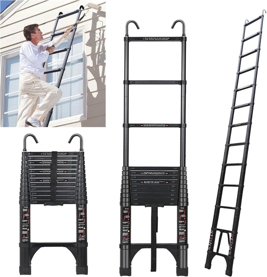 JADDUO Telescopische ladder 3,8 m, aluminium vouwladder met haken, inklapbare treeplank, multifunctionele ladder 150 kg draagkracht, trapafstand 30 cm, zwart