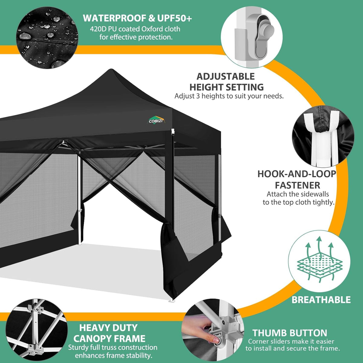 COBIZI Paviljoen, 3x3, vouwpaviljoen, waterdicht, stabiel, partytent, tuinpaviljoen, uv-bescherming met 4 zijwanden van mesh, zwart