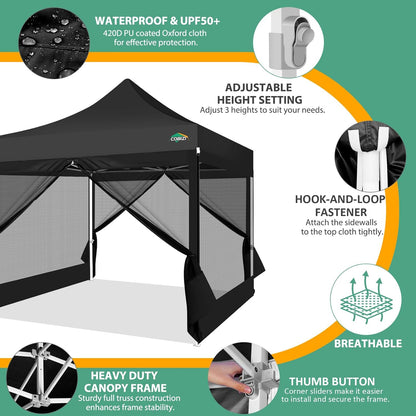 COBIZI Paviljoen, 3x3, vouwpaviljoen, waterdicht, stabiel, partytent, tuinpaviljoen, uv-bescherming met 4 zijwanden van mesh, zwart
