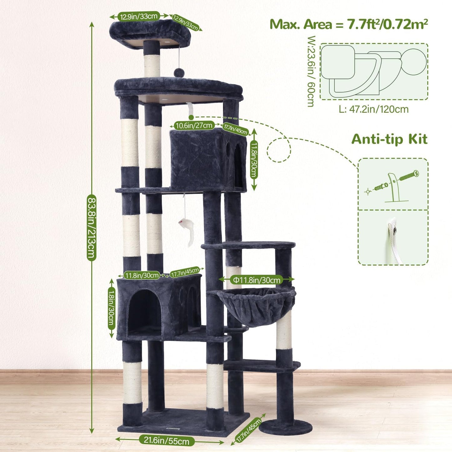 Krabpaal – Kattentoren – Krabmeubel – Kattenboom – XXL Krabpaal – 213 cm Hoog – Donkergrijs – 2 Grote Kattenhuisjes – Sisal Krabpalen – Stabiel En Luxe