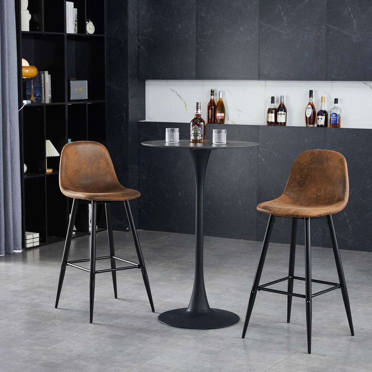 MEUBLE COSY Barkrukken, set van 2 barstoel vintage, met rugleuning en voetensteun, van kunstsuède, metalen poten, voor bistro, café, keuken, bruin, 45,5x49x103,5cm