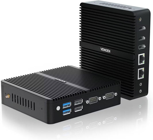 Fanless Mini PC WIN11 pro J6412, Linux Indsutrial PC 4K Mini Computer, 2x HD + 1x DP Triple Display, 2x RJ45 Lan, 2x RS232 COM, WiFi, BT 4.2, 12V Office Desktop PC, 8GB DDR4 256GB M.2 SSD - QUORE