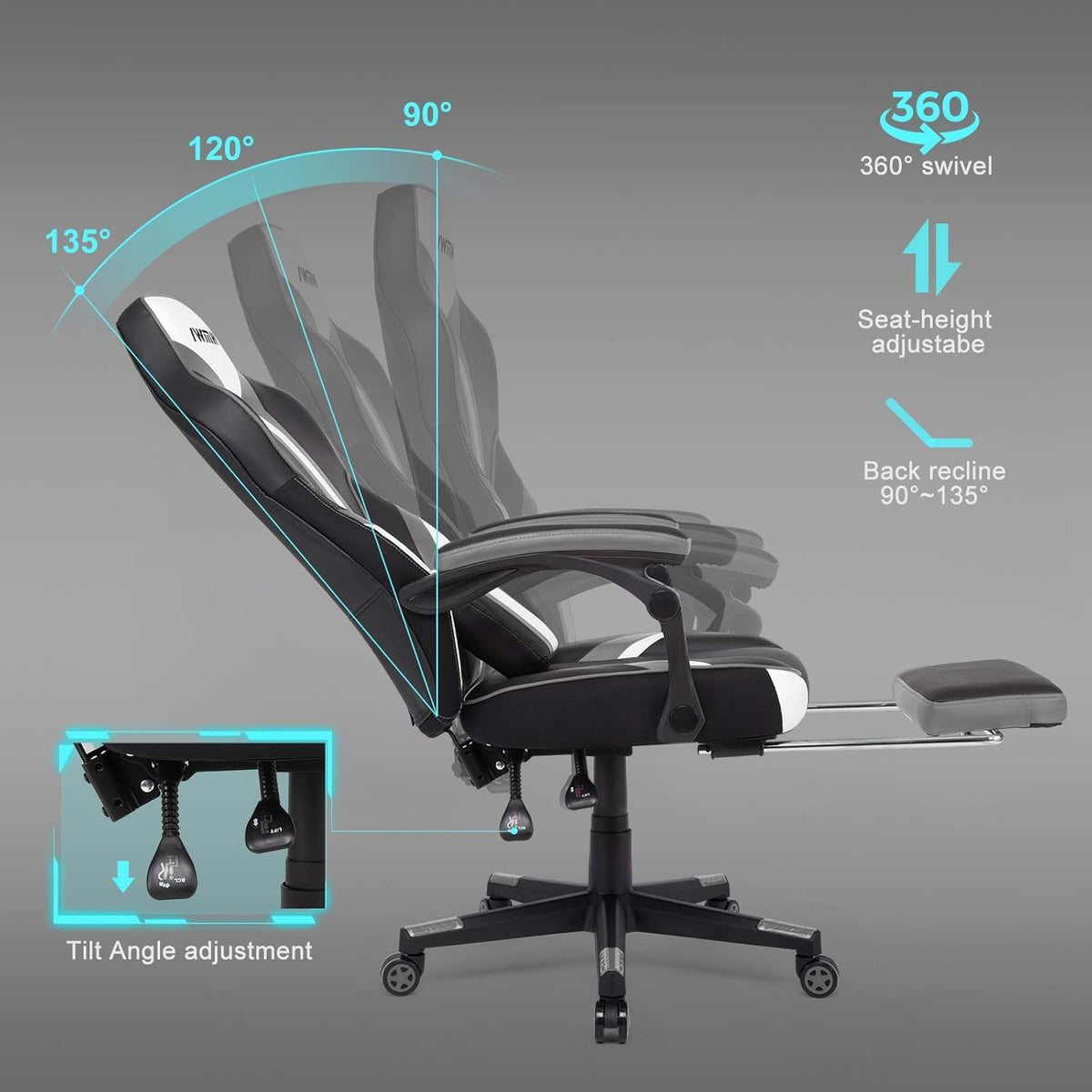 IntimaTe WM Heart Gamingstoel, ergonomische gamingstoel, met hoge rugleuning, bureaustoel met gevoerde zitting, inklapbare voetsteunen, verstelbare armleuningen 49 x 55 x 127(grijs)