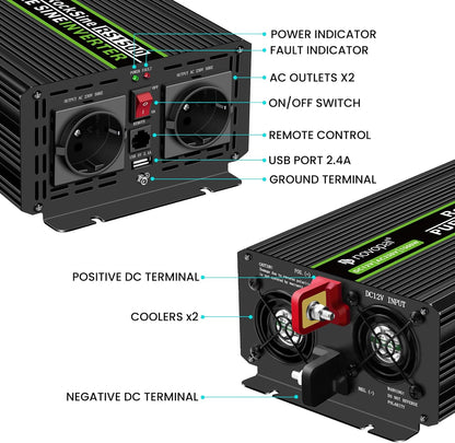 Zuivere sinusomvormer 1500W 12V DC naar 230V AC – Spanningsomvormer – Auto-omvormer – Spanningsconverter – Inverter – 3000W Piekvermogen – 5 Meter Afstandsbediening