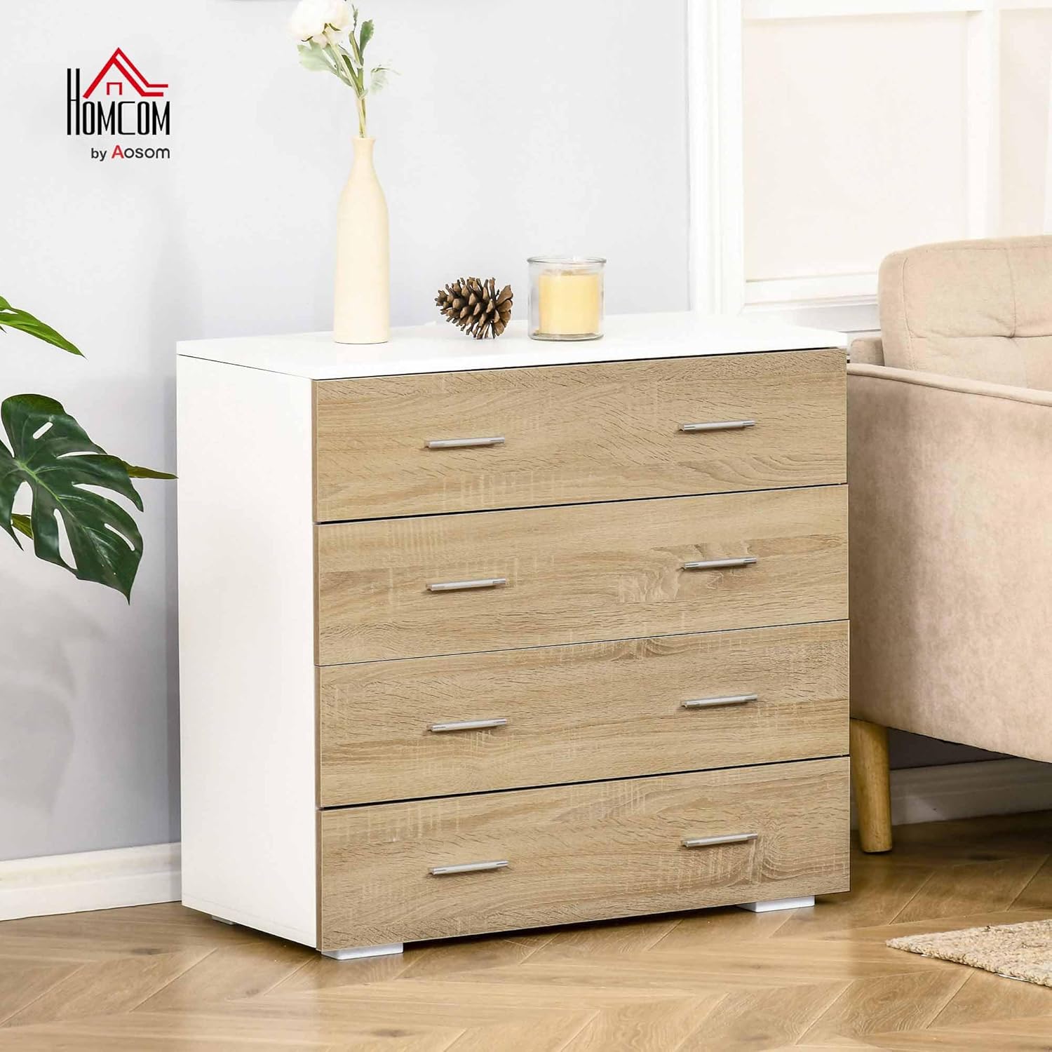 HOMCOM Chest of Drawers with 4 Drawers Bathroom Cabinet Chest of Drawers for Bedroom Living Room Oak White 76 x 35 x 72 cm - QUORE