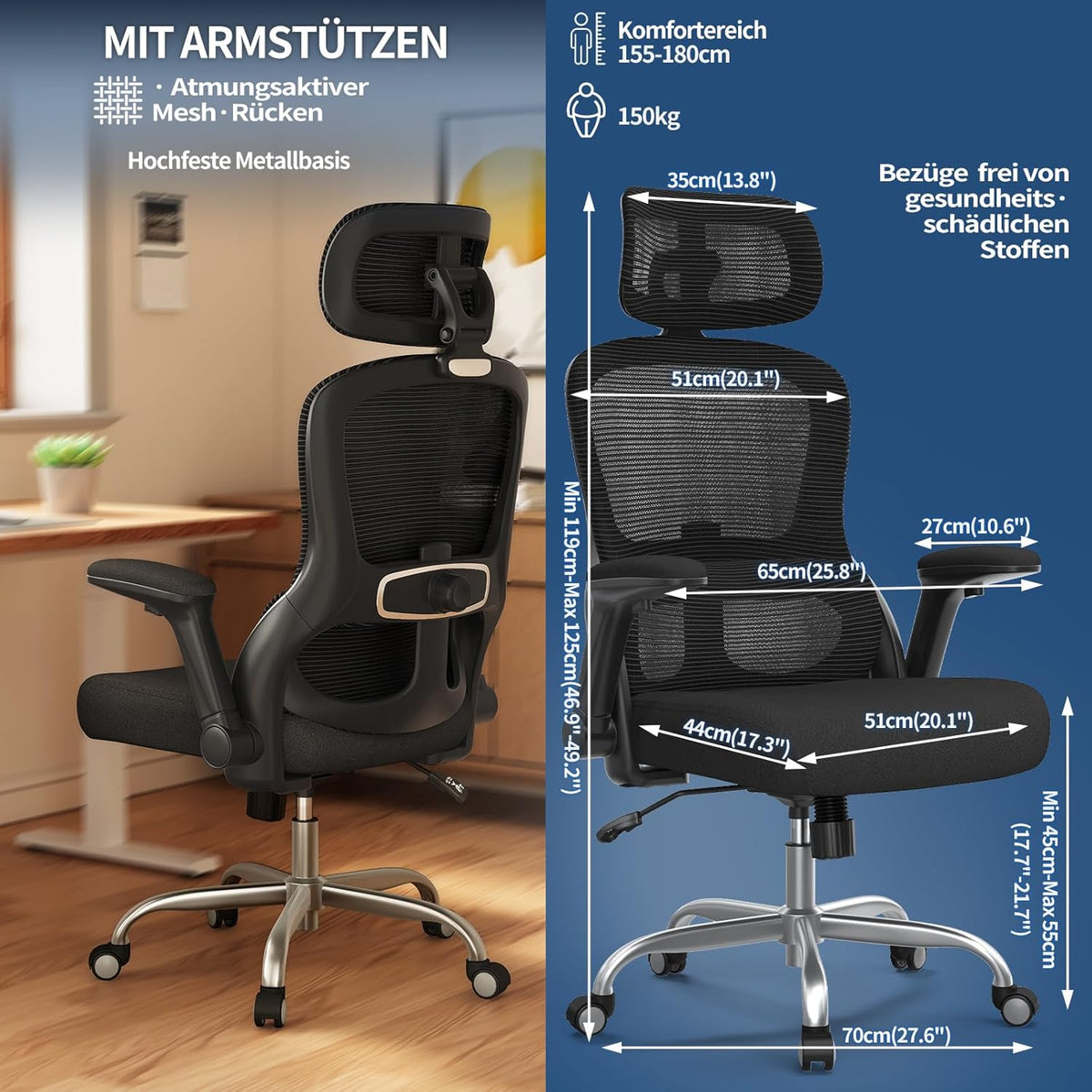 TRALT Bureaustoel, ergonomisch, gamingstoel met verstelbare hoofdsteun, lendensteun, bureaustoel, computerstoel voor grote mensen, mesh-stoel, 150 kg, zwart