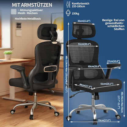 TRALT Bureaustoel, ergonomisch, gamingstoel met verstelbare hoofdsteun, lendensteun, bureaustoel, computerstoel voor grote mensen, mesh-stoel, 150 kg, zwart