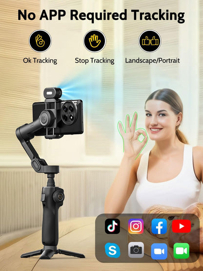 AOCHUAN 3-assige cardanische stabilisator voor iPhone en Android, GEEN APP AI-tracking, 7,8 inch ingebouwde verlengstang, telefoonstabilisator voor video-opname, OLED-display, triggerknop, sport