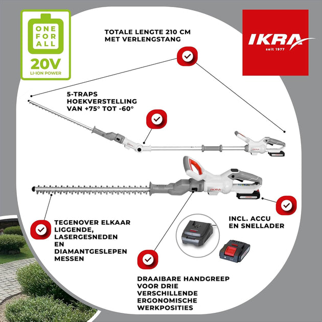 IKRA 2in1 heggenschaar zonder kabel ICPH 2050 met telescoopsteel voor ...