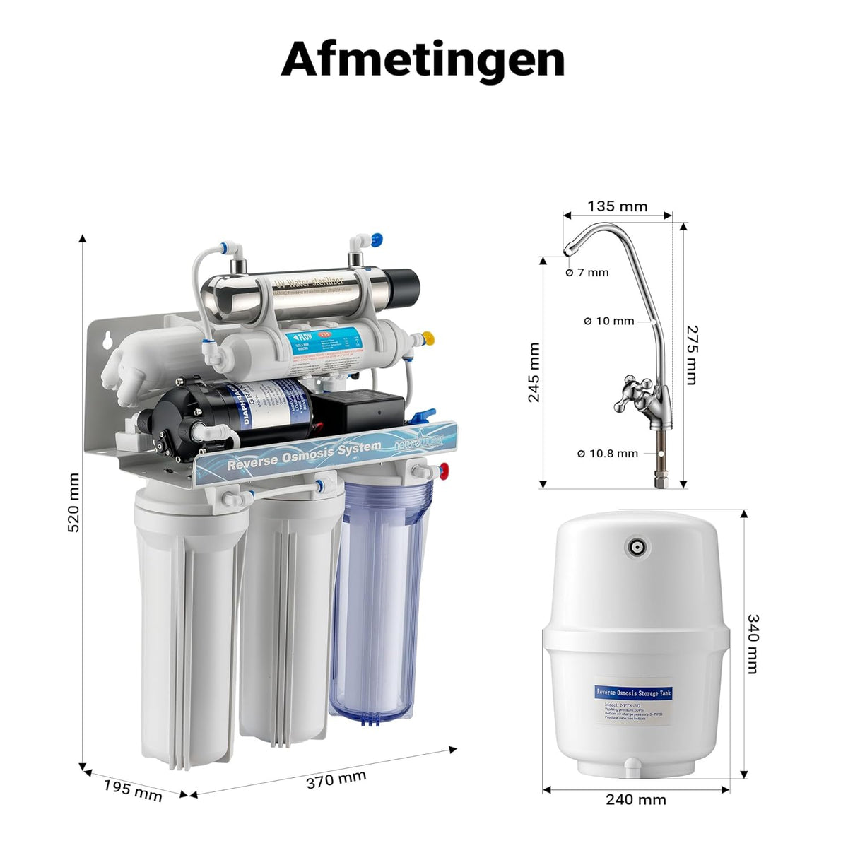 Naturewater 6-traps waterfilter 180 l/dag, filter met omgekeerde osmose, osmosefilter met opvoerpomp en UV-zuiveraar, filter voor schoon water met omgekeerde osmosesyseem