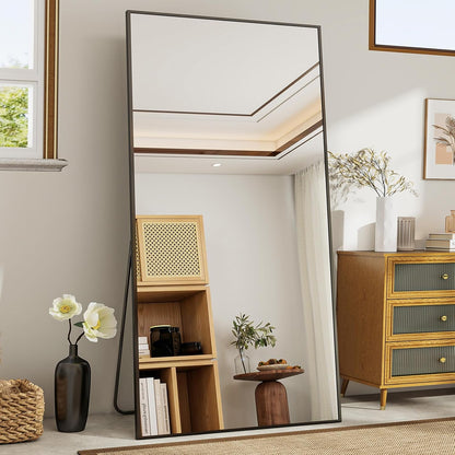 Koonmi 89 x 198 cm grote staande spiegel, robuuste full-body spiegel met minimalistisch smal aluminium frame, moderne grote wandspiegel, staand of hangend voor woonkamer en slaapkamer, zwart