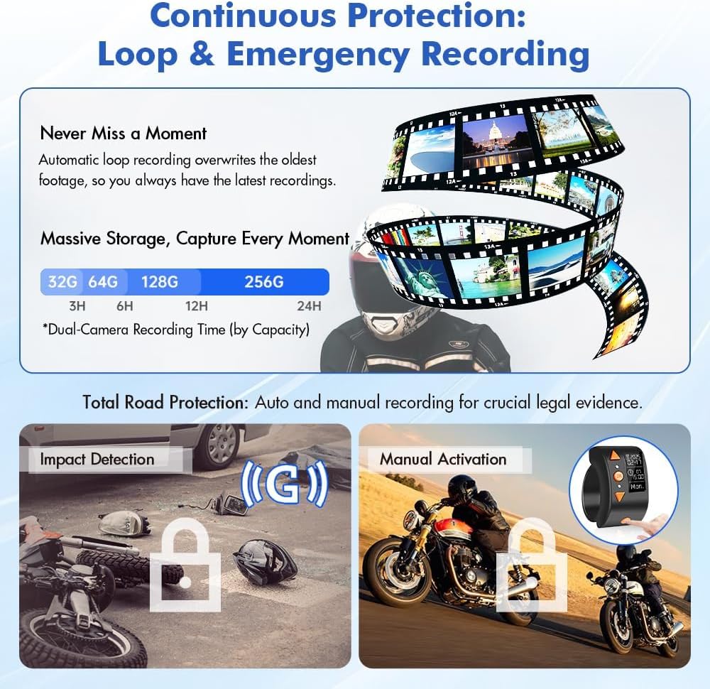 VSYSTO WiFi Motorfiets Dashcam, OLED Display Kabelcontroller, Hoge Snelheid Video Download, Waterdichte 1080P Voor- en Achtercamera, Temperatuurweergave, Fouttrillingswaarschuwing (Q3L)