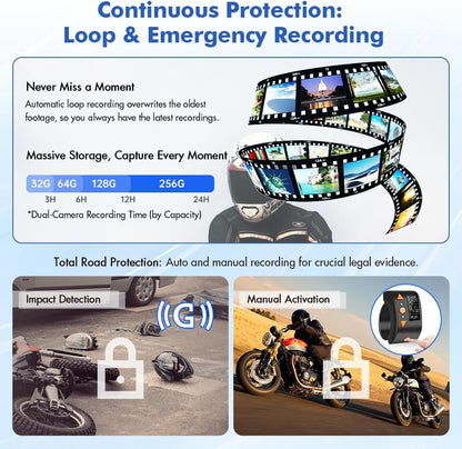VSYSTO WiFi Motorfiets Dashcam, OLED Display Kabelcontroller, Hoge Snelheid Video Download, Waterdichte 1080P Voor- en Achtercamera, Temperatuurweergave, Fouttrillingswaarschuwing (Q3L)