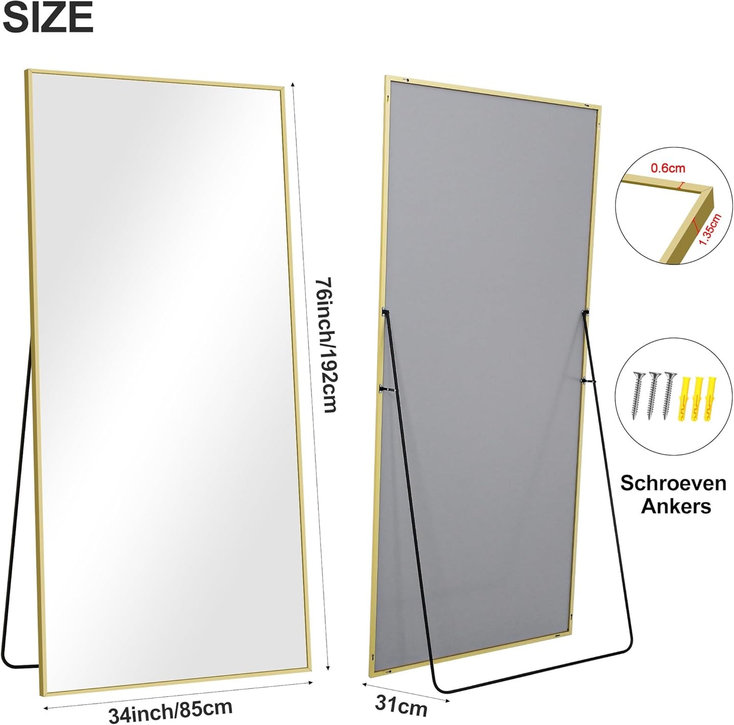 Full-body Spiegel – Vloerspiegel – Wandspiegel – Staande Spiegel – Lichaamsspiegel – 192x85 cm – Gouden Aluminium Frame – Verstelbare Basis
