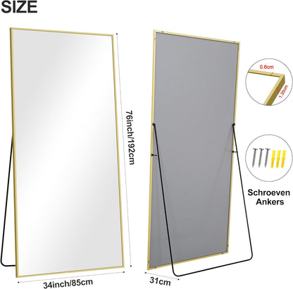 Full-body Spiegel – Vloerspiegel – Wandspiegel – Staande Spiegel – Lichaamsspiegel – 192x85 cm – Gouden Aluminium Frame – Verstelbare Basis