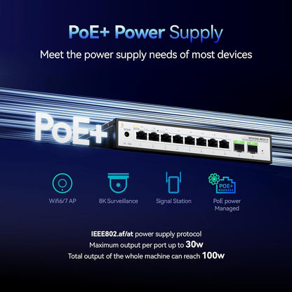 8-Port 2.5G Unmanaged PoE+ Ethernet Switch, IEEE 802.3af/at PoE 100W, Fanless 2.5Gb Netzwerk-Switch für AP, VoIP-Telefon, IP-Kamera, NVR