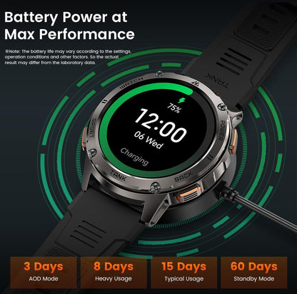 KOSPET Tank T3 Smartwatch voor heren, 60 dagen acculatie, 50 m waterdicht, militair getest, volledig metalen behuizing, 1,43 inch AMOLED