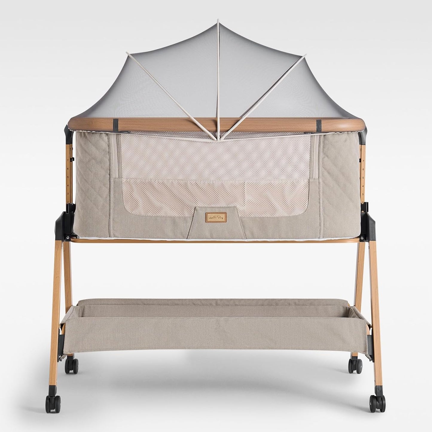 Love For Sleep SnooBee Next To Me bijzetbed & kinderbed, vrijstaand, 6 hoogteniveaus, wielen, matras, zijkanten van ademend mesh met muggennet, opvouwbaar met tas (0-6 maanden), kaki / grenen