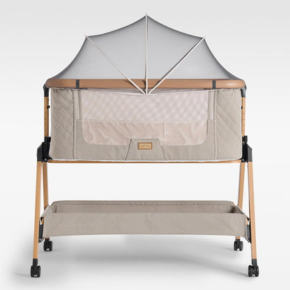 Love For Sleep SnooBee Next To Me bijzetbed & kinderbed, vrijstaand, 6 hoogteniveaus, wielen, matras, zijkanten van ademend mesh met muggennet, opvouwbaar met tas (0-6 maanden), kaki / grenen