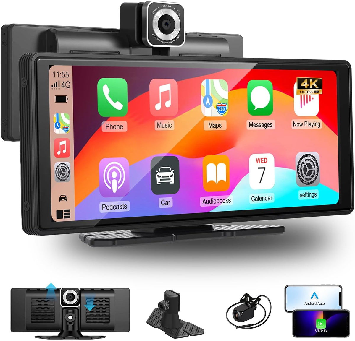 LEXXSON Draagbare autoradio met draadloos CarPlay Android autodisplay, 4K dashcam en 1080p achteruitrijcamera, 3-in-1 met IPS touchscreen, Car Play Bluetooth/FM/AUX/TF-kaart, plug & play