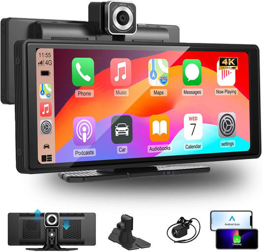 LEXXSON Draagbare autoradio met draadloos CarPlay Android autodisplay, 4K dashcam en 1080p achteruitrijcamera, 3-in-1 met IPS touchscreen, Car Play Bluetooth/FM/AUX/TF-kaart, plug & play