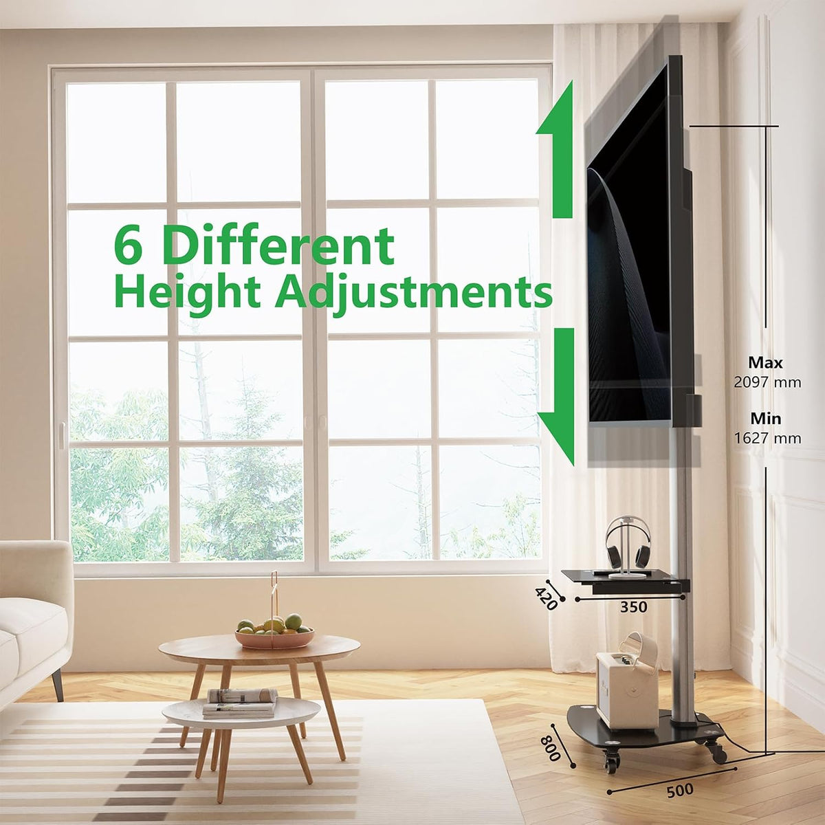 Proton 300 Mobiele tv-standaard met plank, stopcontacten, USB-poorten, hoogte 191 cm, portretformaat 32-75 inch, 40 kg, aluminium zwart
