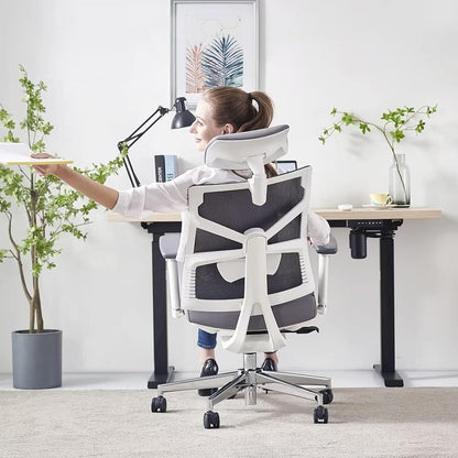 Ergonomische bureaustoel met adaptieve rugleuning, hoge rugleuning computerbureaustoel met 4D-armleuningen, verstelbare zitdiepte, lendensteun en 2D-hoofdsteun, draaibare taakstoel, wit