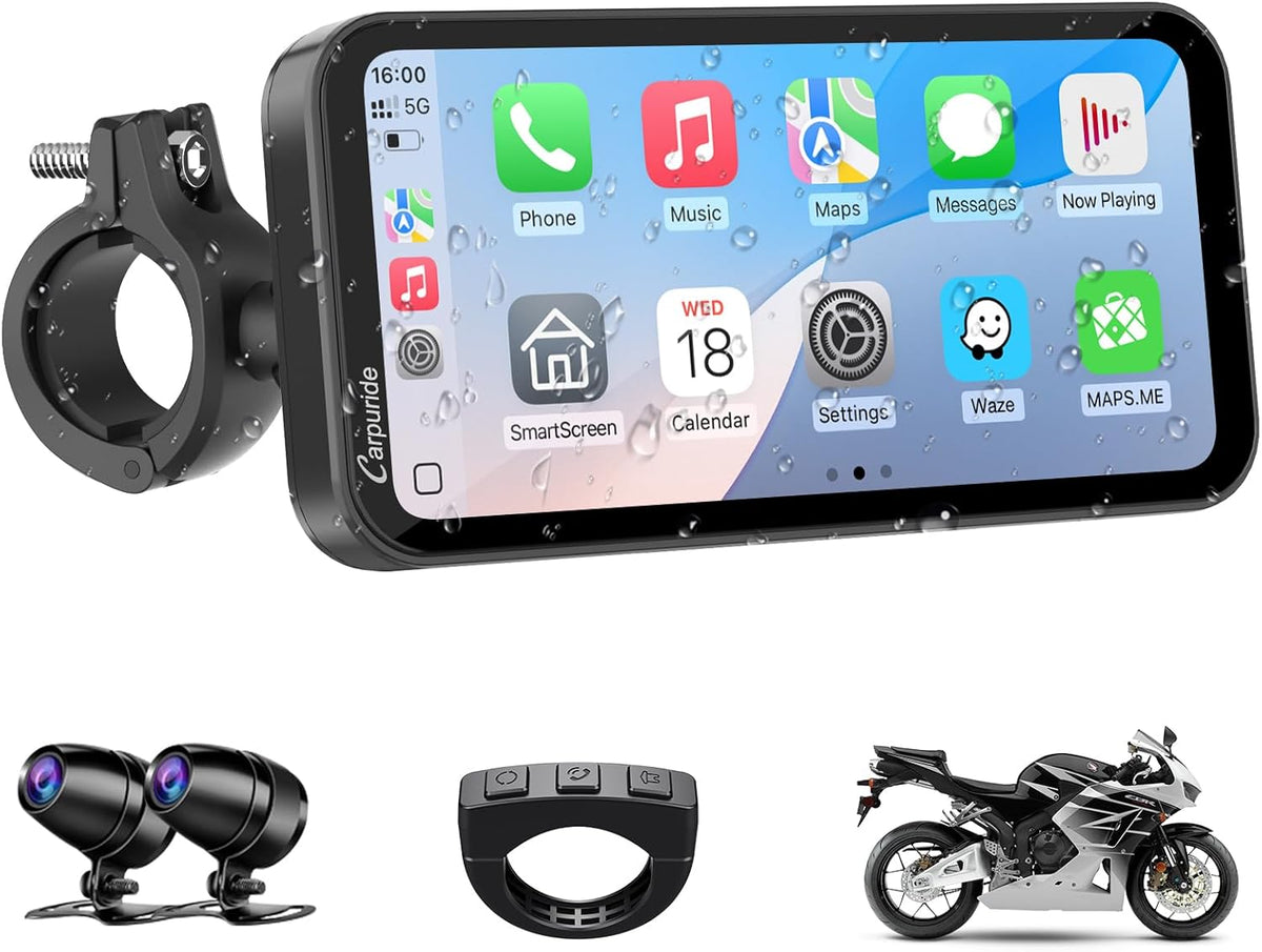 Motorfiets Display – Motorfiets Navigatie – Motorfiets Scherm – Motorfiets Autoradio – Draadloos CarPlay & Android Auto – 6,3-inch HD IPS Touchscreen – Dubbele 1080P Dashcam Voor & Achter