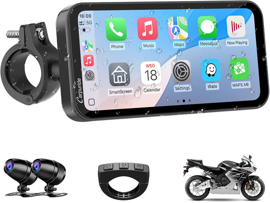 Motorfiets Display – Motorfiets Navigatie – Motorfiets Scherm – Motorfiets Autoradio – Draadloos CarPlay & Android Auto – 6,3-inch HD IPS Touchscreen – Dubbele 1080P Dashcam Voor & Achter
