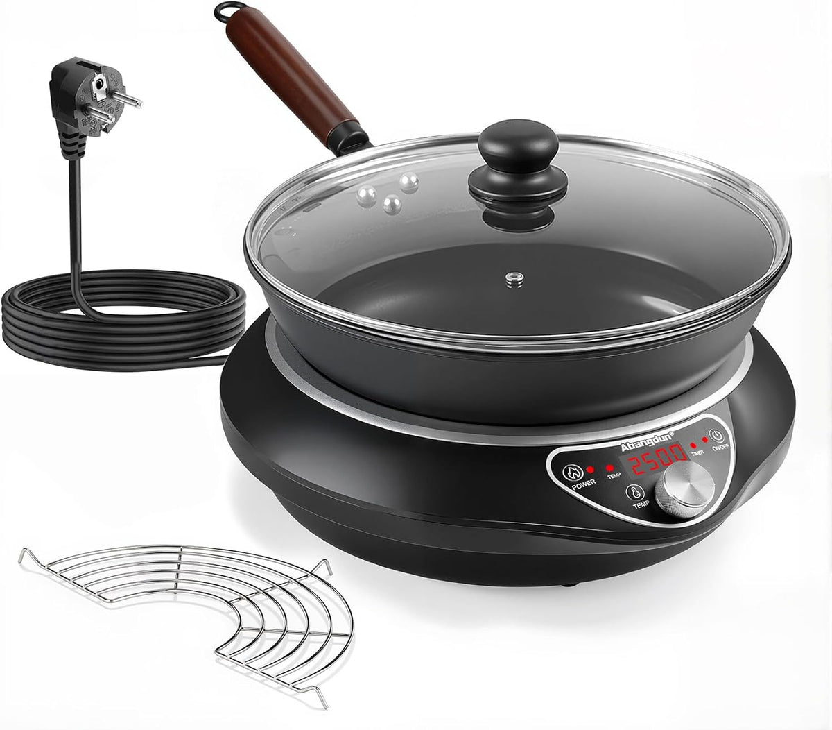 Wok Inductiekookplaat, 2500 W, inductiekookplaat met wok, 12 warmtestanden, kookplaat, inductie, temperatuurbereik 60-240 °C