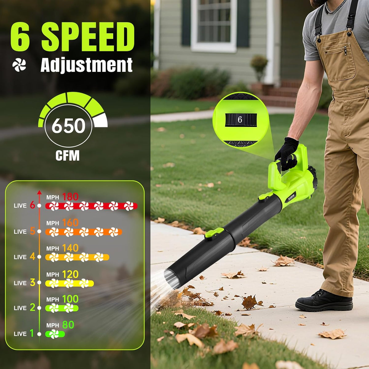 21V accu-bladblazer, elektrische bladblazer met 6-versnellingen schouderband, 2x4Ah batterijen, 290 km/u, 1140 m³/u, draadloze bladblazer voor tuin, blad, stof & sneeuw (batterij inbegrepen)