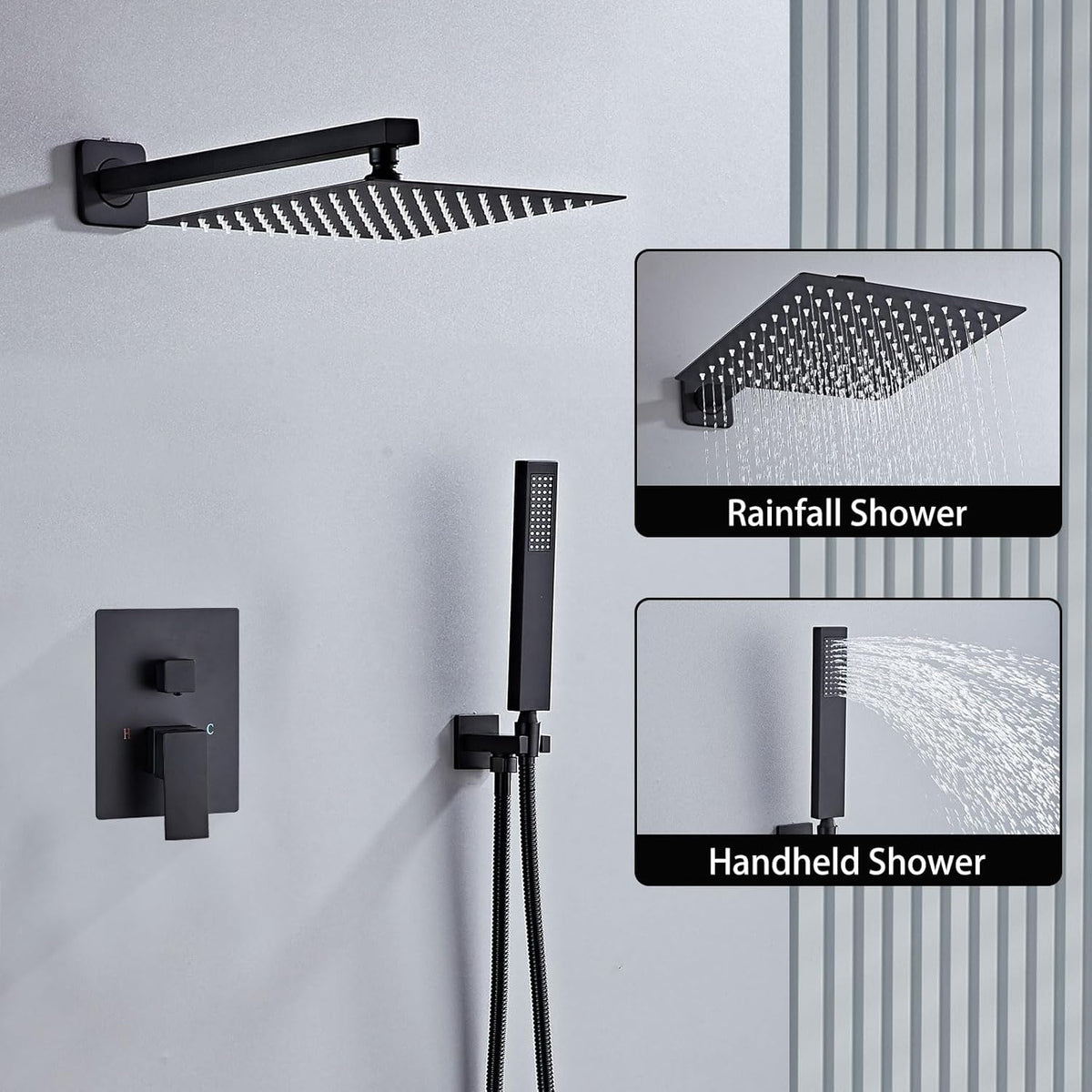 Sanitemodar Inbouwdoucheset van Zwart, Inbouw-douchearmatuur met 30 x 30 cm Hoofddouche, Inbouwdoucheset met Handdouche