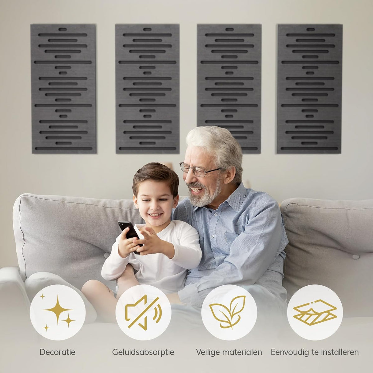 TONOR Houtfineer Akoestische Panelen Zelfklevend, 4 Stuks 60x30x4,7cm Akoestische Panelen Wandpanelen Houtlook, Akoestische Panelen voor Akoestische Behandeling en Wanddecoratie, Kantoor, Zwart
