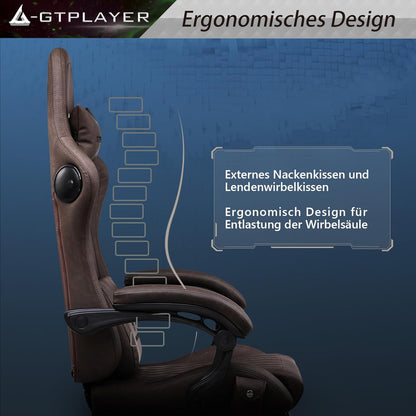 GTPLAYER Leather Game Chair, Ergonomic Game Chair, Desk Chair with Footrest, Speaker, Adjustable Headrest and Lumbar Support, Tilting Backrest, Light Brown - QUORE