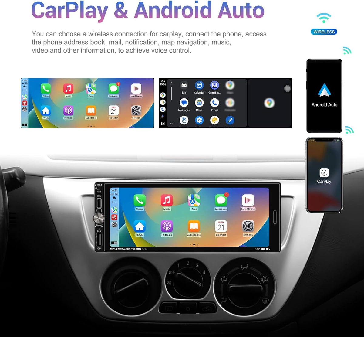 2 + 64 GB Android 1 Din autoradio Wireless Carplay Android Auto, 6,9 inch touchscreen Bluetooth Post Radio Auto met GPS WiFi EQ FM RDS radio, achteruitrijcamera