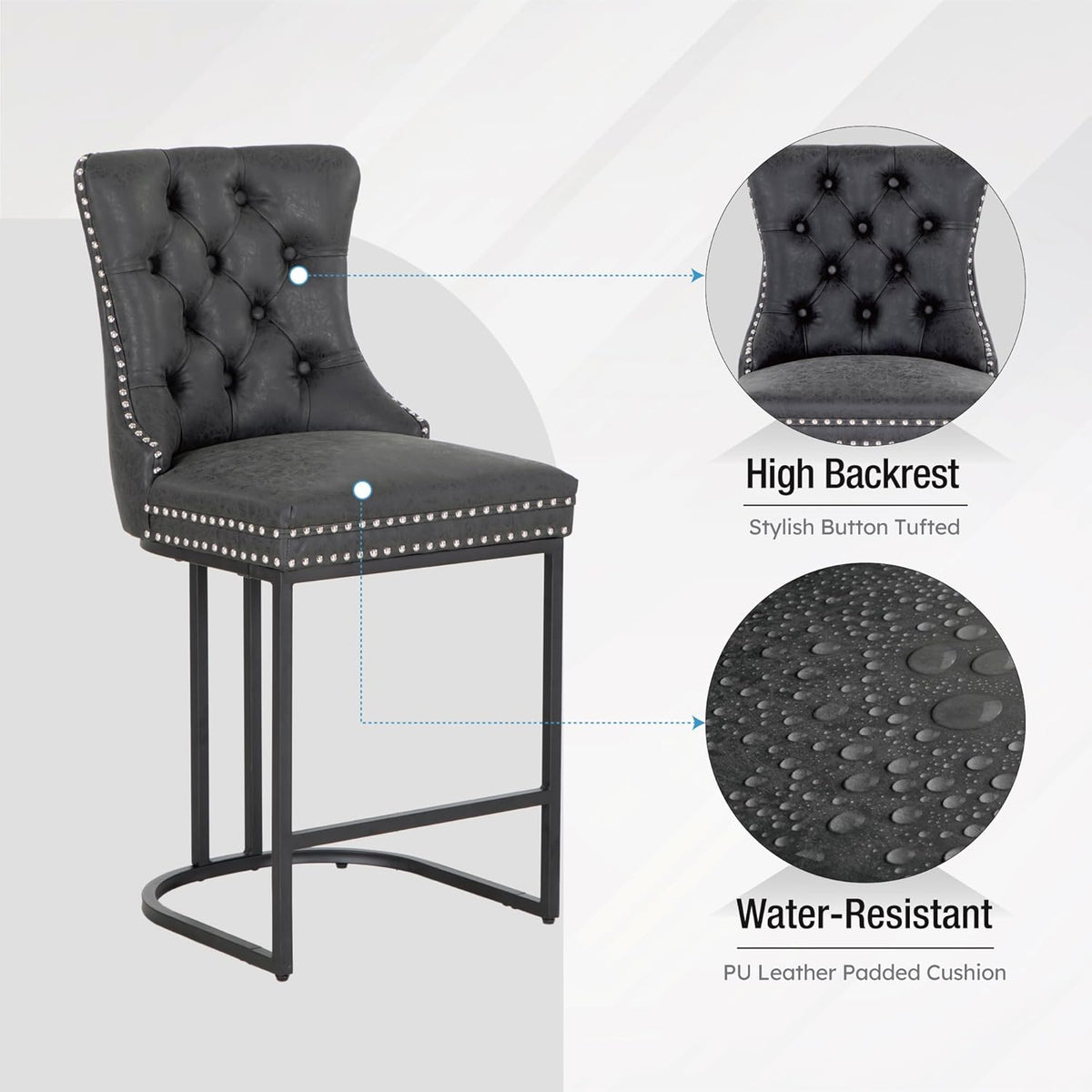 ALPHA HOME 26 inch black pitch bar stools set of 2, modern faux leather bar chairs with button back and rivet trim upholstered kitchen island chairs with sturdy metal legs breakfast