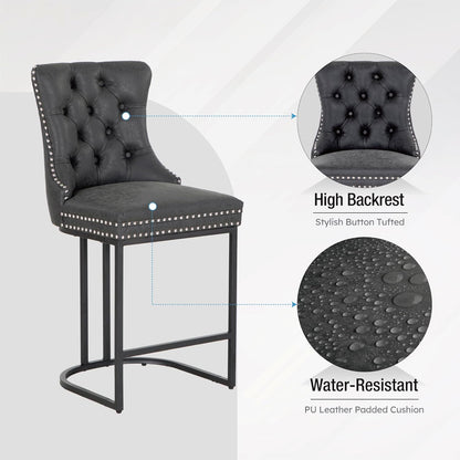 ALPHA HOME 26 inch black pitch bar stools set of 2, modern faux leather bar chairs with button back and rivet trim upholstered kitchen island chairs with sturdy metal legs breakfast
