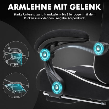 GTPLAYER Gamingstoel, bureaustoel, ergonomische pc-stoel, gamingstoel met massagesteun, task stoelen met voetensteun en hoofdsteun, witte stof