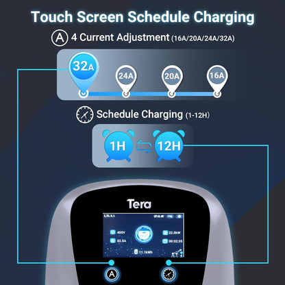 Tera EV oplader Smart APP met 16-32A type 2 22kW of 11kW of 22kW thuis laadstation 400V CE & TÜV Wallbox 7 m oplaadkabel met laderhouder app-besturing CEE 3-fasen stekker W01, zilver