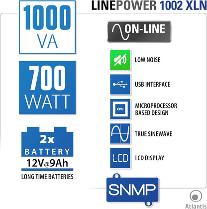 Atlantis A03-OP1002XLN UPS OnLine 88% stillere onderbrekingsgroep, server, dubbele conversie, zuivere sinusgolf, 1000 VA 700 W, Low Noise Gelid ventilator 23,6 dbA, USB, 2 Schuko + 1 IEC, 2 x 12 V-9