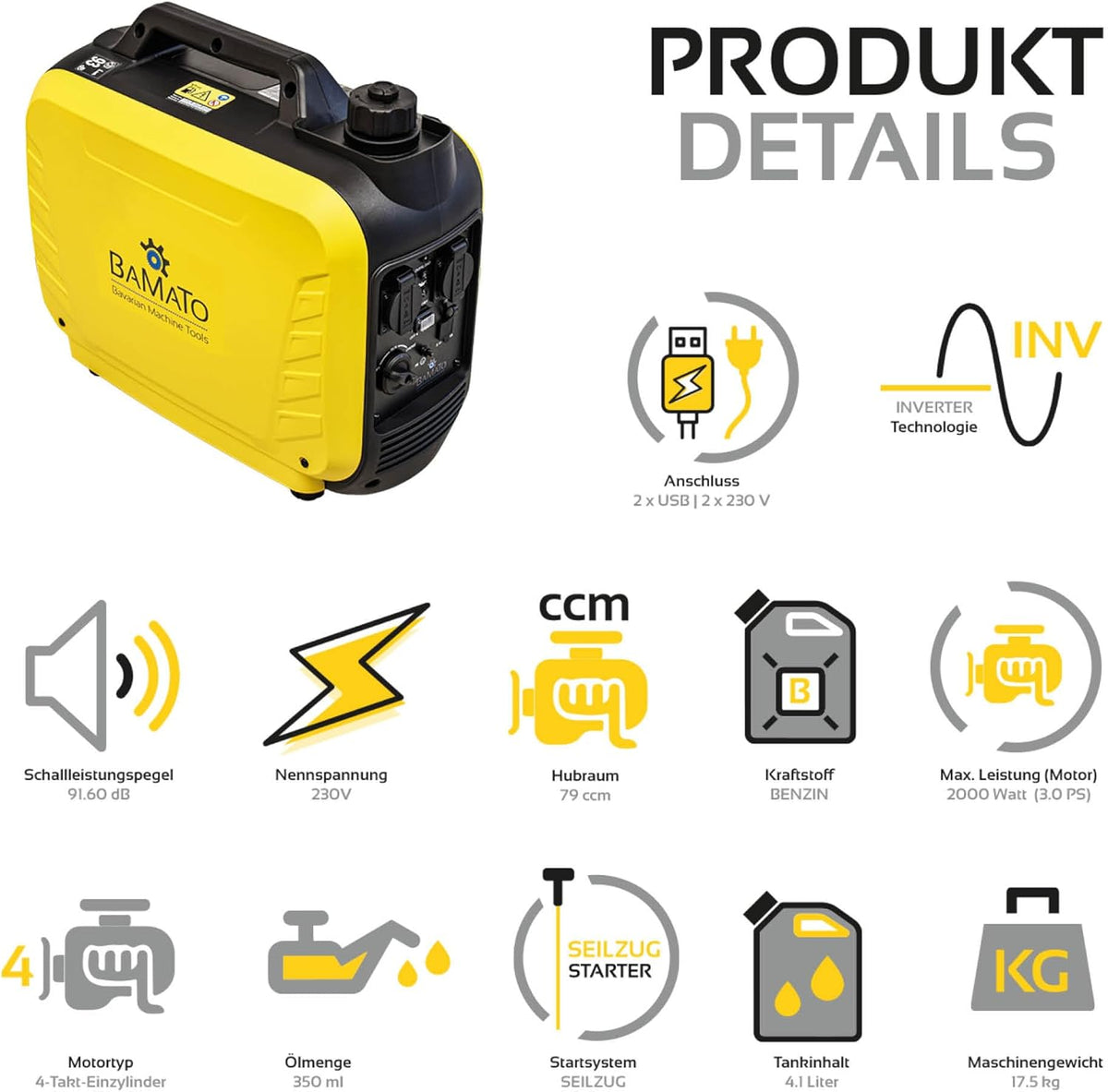BAMATO BGE-2000I Inverter stroomgenerator | 2000 Watt | Inverter-technologie | 64,1 dB(A) | twee 230 V wisselstroomstopcontacten en twee 2,1 A snel ladende USB-poorten